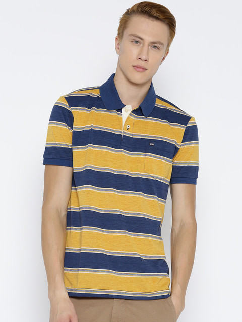 

Arrow Sport Men Navy & Yellow Striped Polo T-Shirt, Navy blue