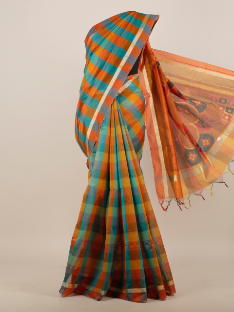 

Pothys Green & Orange Checked Zari Pure Cotton Saree