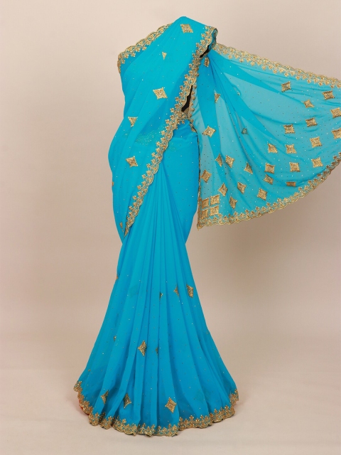 

Pothys Blue & Gold Ethnic Motifs Embellished Beads and Stones Details Saree