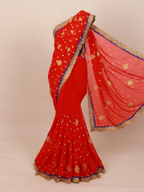

Pothys Red & Gold-Toned Floral Beads & Stones Heavy Work Saree