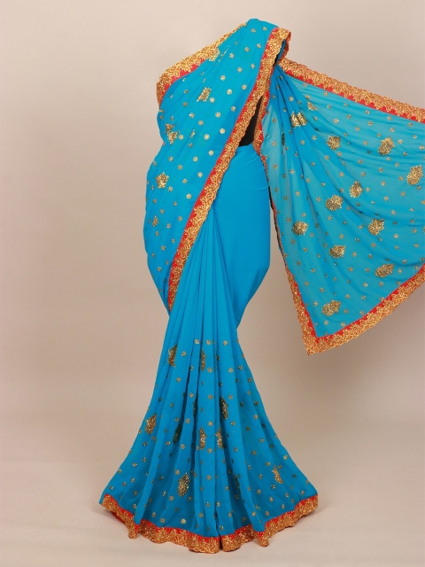 

Pothys Women Blue & Orange Floral Embroidered Saree