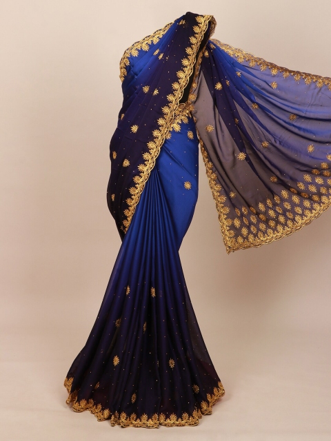 

Pothys Blue & Gold-Toned Floral Embellished Beads & Stones Saree