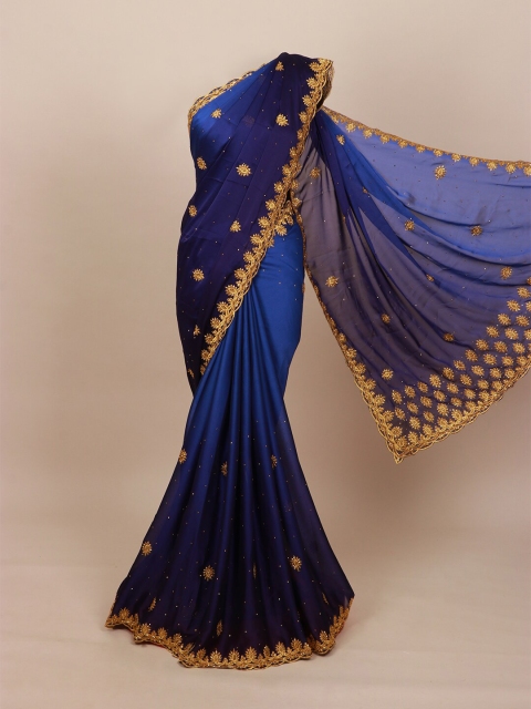 

Pothys Blue & Gold-Toned Embellished Beads and Stones Saree