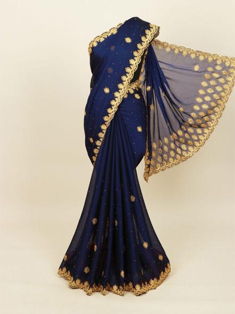

Pothys Blue & Gold Ethnic Motifs Embellished Beads and Stones Details Saree