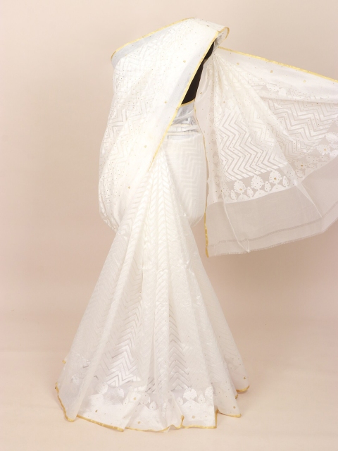 

Pothys White & Gold-Toned Beads and Stones Fancy Designer Art Silk Saree