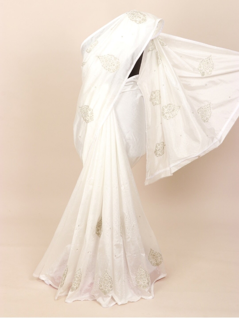 

Pothys White & Gold-Coloured Ethnic Motifs Embroidered Art Silk Saree