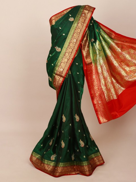

Pothys Green & Gold-Toned Ethnic Motifs Zari Art Silk Banarasi Saree
