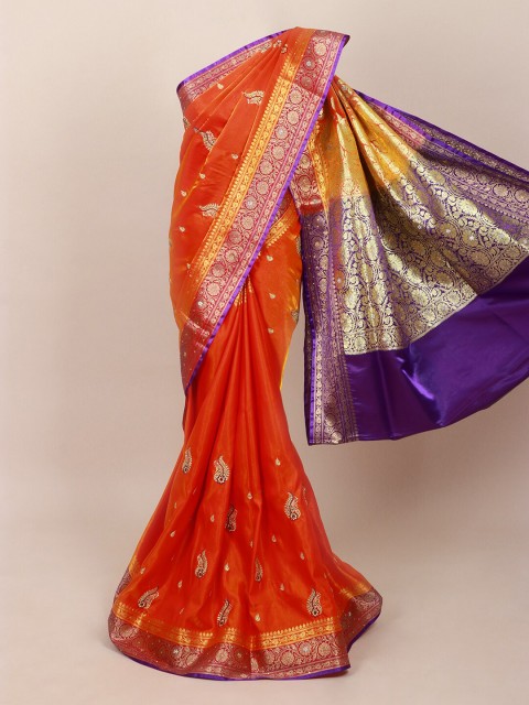 

Pothys Orange & Violet Ethnic Motifs Embroidered Art Silk Banarasi Saree