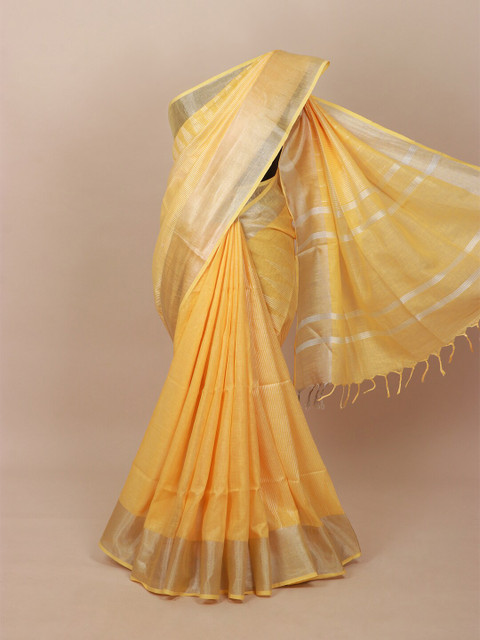 

Pothys Yellow & Silver Woven Striped Pure Linen Saree