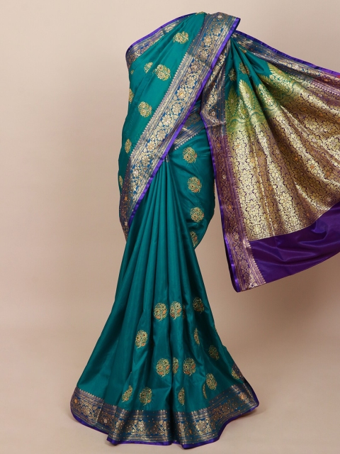 

Pothys Teal & Gold-Toned Ethnic Motifs Beads & Stones Art Silk Banarasi Saree