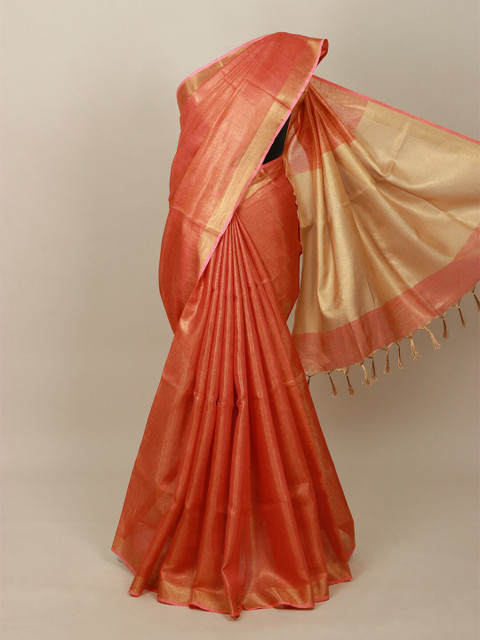 

Pothys Orange & Gold-Toned Zari Pure Linen Saree