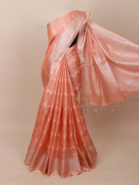 

Pothys Peach-Coloured & Silver-Toned Woven Design Zari Pure Linen Saree