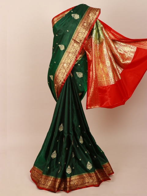 

Pothys Green & Red Ethnic Motifs Embroidered Art Silk Banarasi Saree