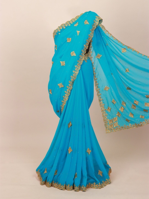 

Pothys Blue & Gold-Toned Ethnic Motifs Beads and Stones Saree