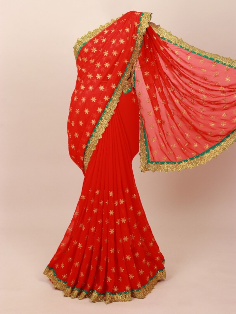 

Pothys Red & Gold-Toned Floral Embellished Beads & Stones Saree