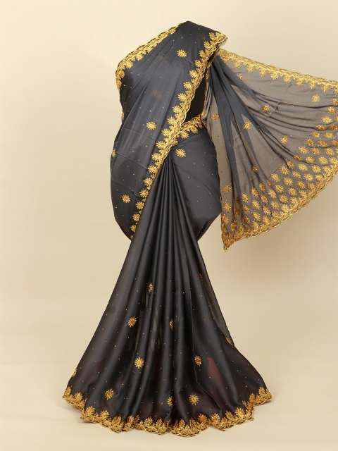 

Pothys Grey & Gold Ethnic Motifs Embellished Beads and Stones DetailsSaree