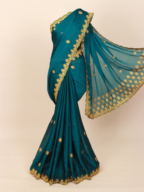 

Pothys Teal & Gold-Toned Ethnic Motifs Beads and Stones Saree