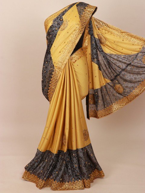 

Pothys Gold-Toned & Black Floral Embroidered Beads & Stones Art Silk Saree