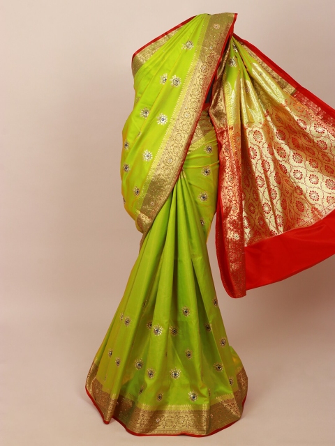 

Pothys Green & Red Embellished Beads and Stones Art Silk Banarasi Saree