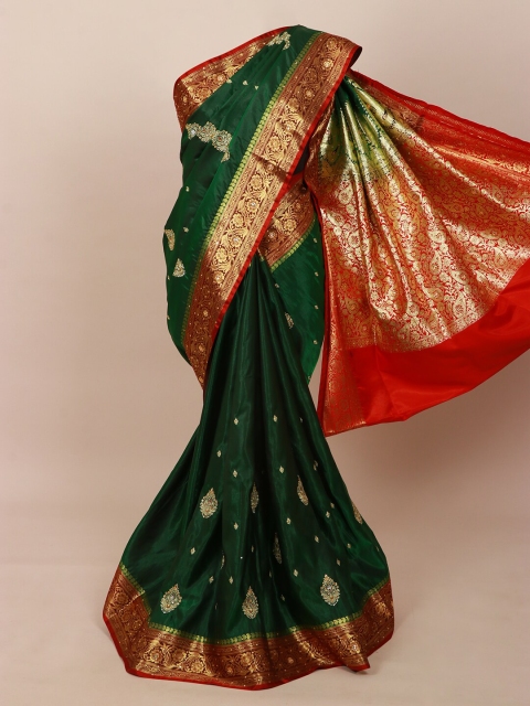 

Pothys Green & Gold-Toned Ethnic Motifs Beads & Stones Art Silk Banarasi Saree