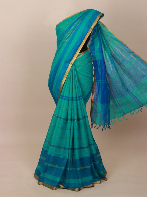 

Pothys Green & Blue Striped Zari Pure Linen Saree