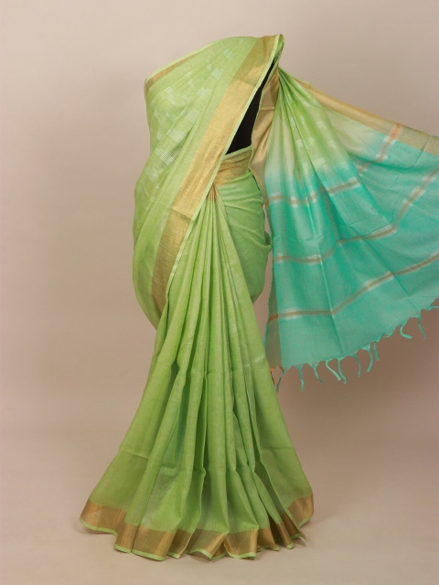 

Pothys Green & Turquoise Blue Printed Pure Linen Pastels Saree