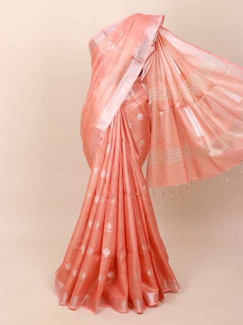 

Pothys Peach-Coloured & Silver-Toned Zari Pure Linen Saree