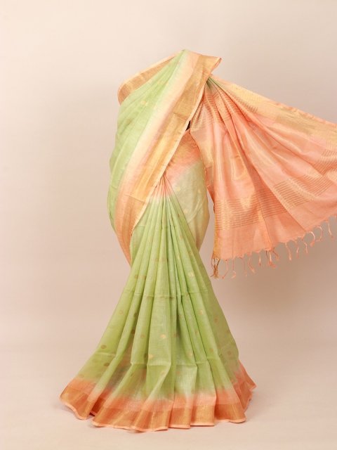 

Pothys Green & Peach-Coloured Woven Design Zari Pure Linen Saree