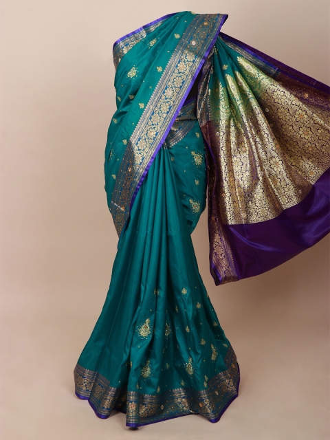 

Pothys Green & Violet Ethnic Motifs Embroidered Art Silk Banarasi Saree