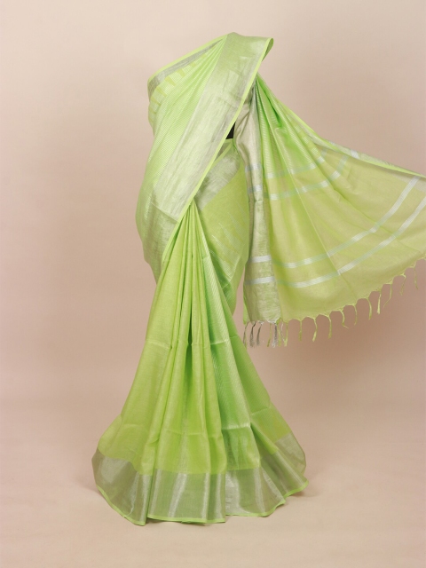 

Pothys Green & Silver Striped Zari Pure Linen Saree