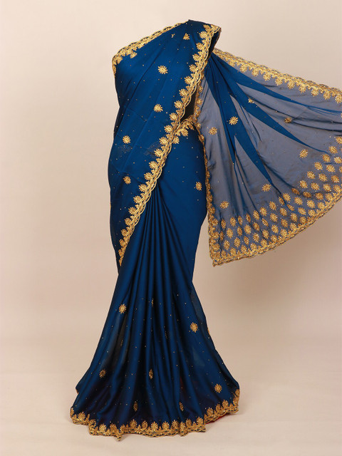 

Pothys Blue & Gold-Toned Floral Beads & Stones Heavy Work Saree