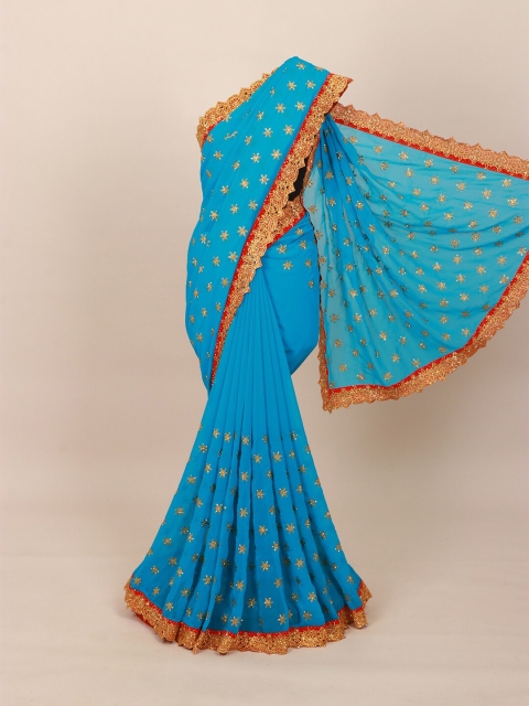 

Pothys Blue & Gold-Toned Ethnic Motifs Beads and Stones Saree