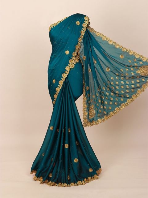 

Pothys Green & Gold-Toned Floral Embellished Beads & Stones Saree