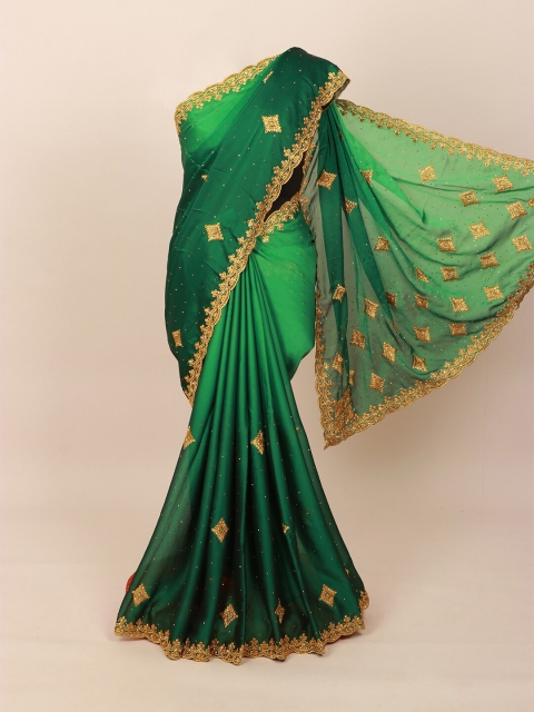 

Pothys Green & Gold-Toned Embellished Beads and Stones Saree