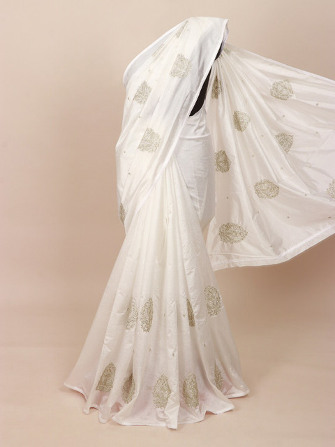 

Pothys White Ethnic Motifs Beads and Stones Art Silk Saree