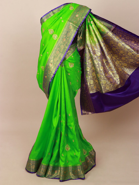 

Pothys Women Green & Blue Ethnic motifs Embroidered Saree