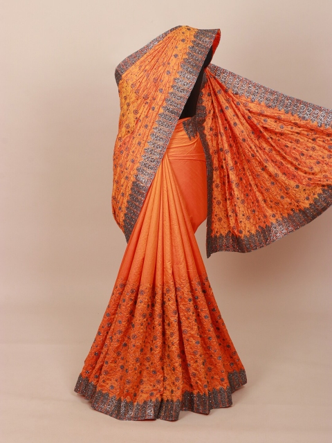 

Pothys Orange & Grey Floral Beads & Stones Art Silk Heavy Work Saree