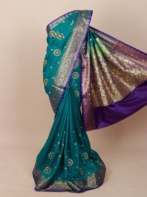

Pothys Green & Violet Ethnic Motifs Embroidered Art Silk Banarasi Saree