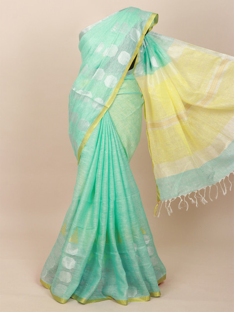 

Pothys Turquoise Blue & Yellow Printed Pure Linen Pastels Saree