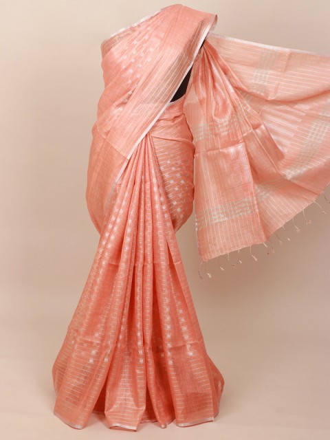 

Pothys Women Peach & Silver-Toned Pure Linen Geometric Woven Designed Saree
