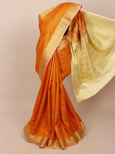 

Pothys Orange & Gold-Toned Floral Beads & Stones Art Silk Banarasi Saree