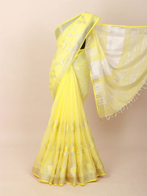 

Pothys Yellow & Silver-Coloured Geometric Zari Woven Design Pure Linen Saree