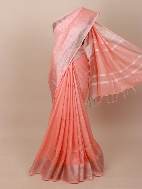 

Pothys Peach-Coloured Striped Pure Linen Saree