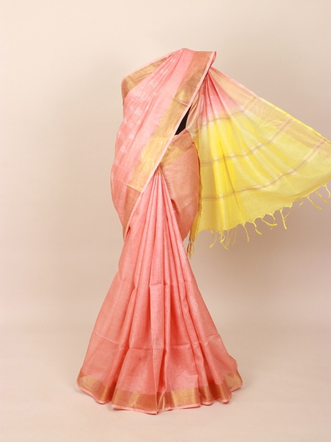 

Pothys Peach-Coloured & Yellow Pure Linen Saree