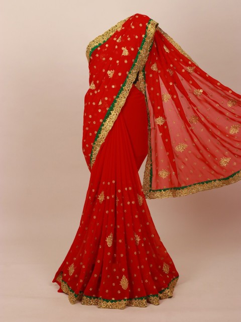 

Pothys Red & Green Ethnic Motifs Embroidered Saree