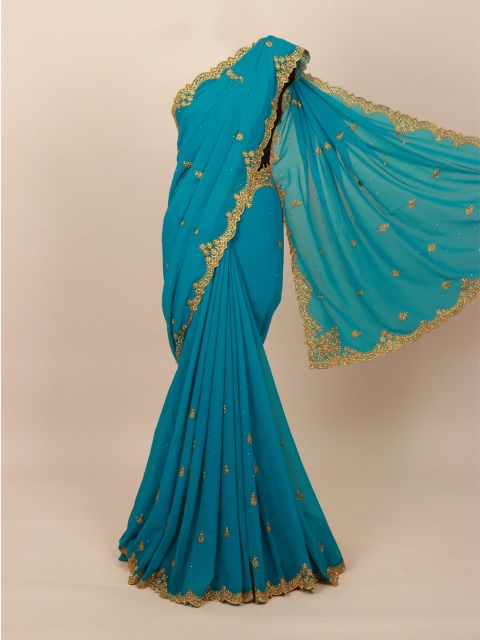 

Pothys Blue & Gold-Toned Floral Beads & Stones Saree