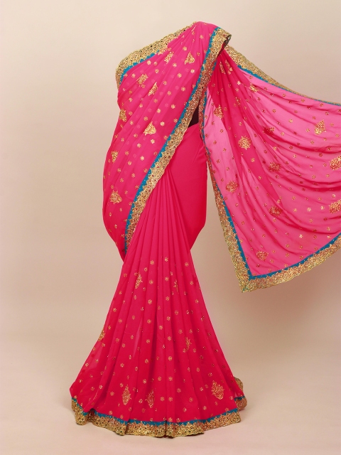 

Pothys Women Pink & blue Floral Embroidered Saree