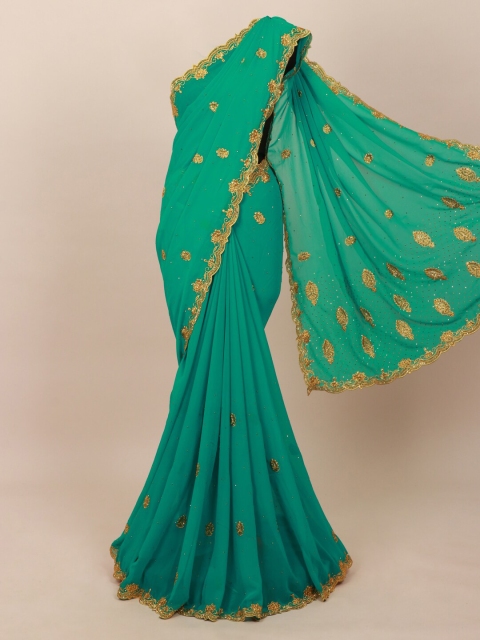 

Pothys Green & Gold-Toned Ethnic Motifs Beads and Stones Saree