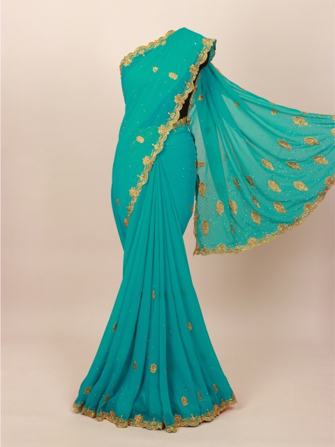

Pothys Green & Gold-Toned Floral Embellished Beads & Stones Saree