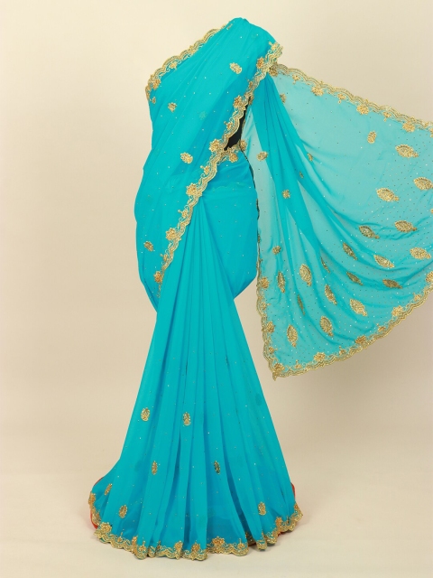 

Pothys Blue & Gold-Toned Embellished Beads and Stones Saree